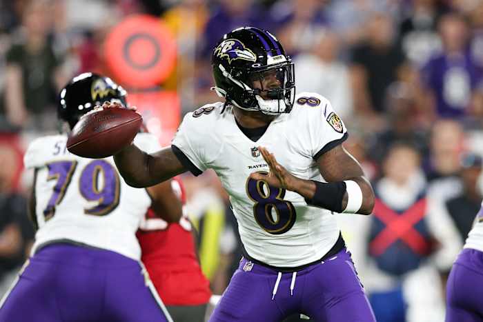 Oct 27, 2022; Tampa, Florida, USA; Baltimore Ravens quarterback Lamar Jackson (8) drops back to pass against the Tampa Bay Buccaneers in the first quarter at Raymond James Stadium. Mandatory Credit: Nathan Ray Seebeck-USA TODAY Sports